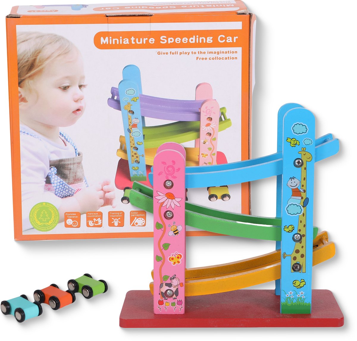 FUNFY Houten Nederlandse knikkerbaan met 3 miniautos | Veelkleurig | Materiaal: tafelmodel Montessori-speelgoed voor het ontwikkelen van creativiteit Levendig ontwerp, hoge kwaliteit Voor kinderen Verjaardagscadeau speelgoed